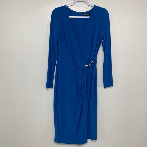 Lauren Ralph Lauren Blue Rhinestone Embellished Faux Wrap Midi Dress Size 8 - Picture 1 of 5